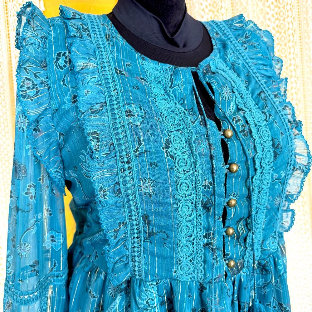 Cleobella Boho Peasant Romantic Teal Metallic Floral Ruffle Long Sleeve Blouse L